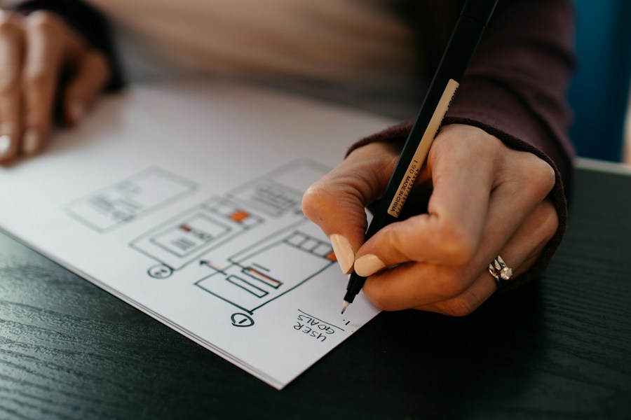 A person arranging hand-drawn webpage wireframes during a design planning session